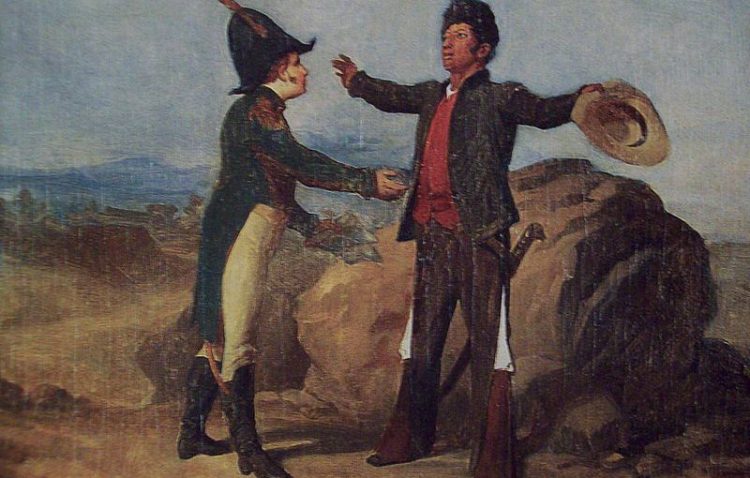El Abrazo de Acatempan marcó la alianza del jefe realista Agustín de Iturbide y el jefe independentista Vicente Guerrero. Óleo sobre tela de 1870 por Román Sagredo, Museo Nacional de Historia, INAH, México.