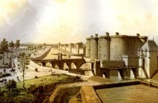 Reconstrucción histórica que muestra el foso bajo los muros de París (izquierda), la Bastilla y la puerta de Saint-Antoine (derecha). Autor: Feodor Josef Hubert Hoffbauer (1839-1922).