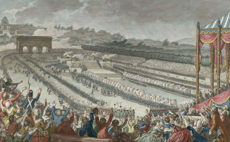 Primera Fiesta de la Federación el 14 de julio de 1790, en Campo de Marte, París. Pintura al óleo por C. Monet (pintor real)