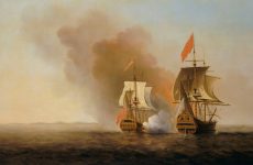 Representación en óleo del buque británico HMS Centurion, comandado por el almirante George Anson, capturando el galeón español Nuestra Señora de Covadonga el 20 de junio de 1743, en el marco de la Guerra del Asiento.