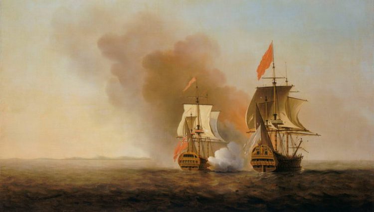Representación en óleo del buque británico HMS Centurion, comandado por el almirante George Anson, capturando el galeón español Nuestra Señora de Covadonga el 20 de junio de 1743, en el marco de la Guerra del Asiento.