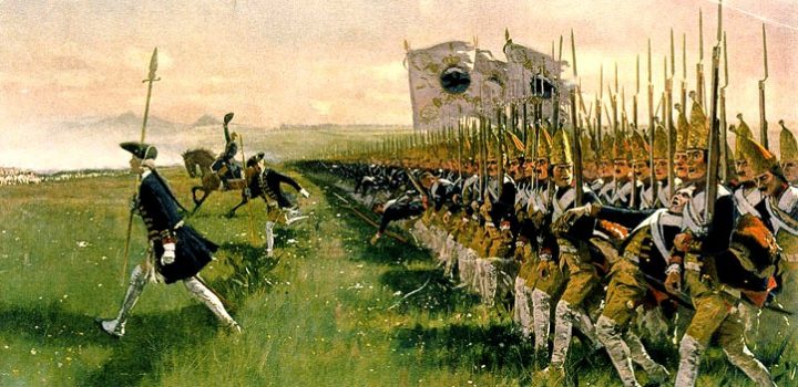 Oleo representativo de un ataque de infantería prusiano del batallón de granaderos de la guardia en la Batalla de Hohenfriedeberg, 1745, en el marco de la Guerra de Sucesión Austriaca. Oleo representativo de un ataque de infantería prusiano del batallón de granaderos de la guardia en la Batalla de Hohenfriedeberg, 1745, en el marco de la Guerra de Sucesión Austriaca.