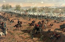 Representación en óleo de la Batalla de Gettysburg, una de más importantes de la Guerra civil de secesión. Fue la batalla más costosa en cuanto a vidas humanas en la historia de los Estados Unidos.