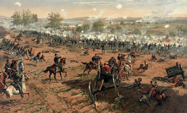 Representación en óleo de la Batalla de Gettysburg, una de más importantes de la Guerra civil de secesión. Fue la batalla más costosa en cuanto a vidas humanas en la historia de los Estados Unidos. Representación en óleo de la Batalla de Gettysburg, una de más importantes de la Guerra civil de secesión. Fue la batalla más costosa en cuanto a vidas humanas en la historia de los Estados Unidos.