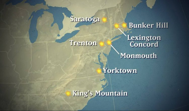 Locación de las batallas decisivas de la Guerra de independencia. Las Batallas de Lexington y Concord del 19 de abril de 1775 marcaron un punto de no retorno entre las colonias y Gran Bretaña, mientras que la derrota británica en Yorktown en 1781 fue una victoria decisiva para los estadounidenses. Locación de las batallas decisivas de la Guerra de independencia. Las Batallas de Lexington y Concord del 19 de abril de 1775 marcaron un punto de no retorno entre las colonias y Gran Bretaña, mientras que la derrota británica en Yorktown en 1781 fue una victoria decisiva para los estadounidenses.