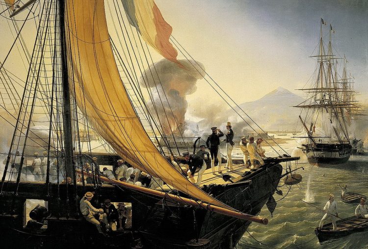 Escena en óleo del ataque naval francés contra el fuerte de San Juan de Ulúa en Veracruz, el 21 de diciembre de 1838 durante la Primera intervención francesa en México. Escena en óleo del ataque naval francés contra el fuerte de San Juan de Ulúa en Veracruz, el 21 de diciembre de 1838 durante la Primera intervención francesa en México.