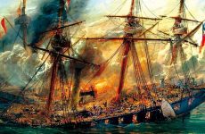 Hundimiento del buque La Esmeralda de la Armada de Chile durante el Combate Naval de Iquique en 1879, en el marco de la Guerra del Pacífico. Los chilenos perdieron esta batalla pero eventualmente prevalecieron en la guerra.