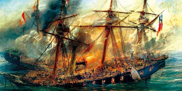 Hundimiento del buque La Esmeralda de la Armada de Chile durante el Combate Naval de Iquique en 1879, en el marco de la Guerra del Pacífico. Los chilenos perdieron esta batalla pero eventualmente prevalecieron en la guerra. Hundimiento del buque La Esmeralda de la Armada de Chile durante el Combate Naval de Iquique en 1879, en el marco de la Guerra del Pacífico. Los chilenos perdieron esta batalla pero eventualmente prevalecieron en la guerra.