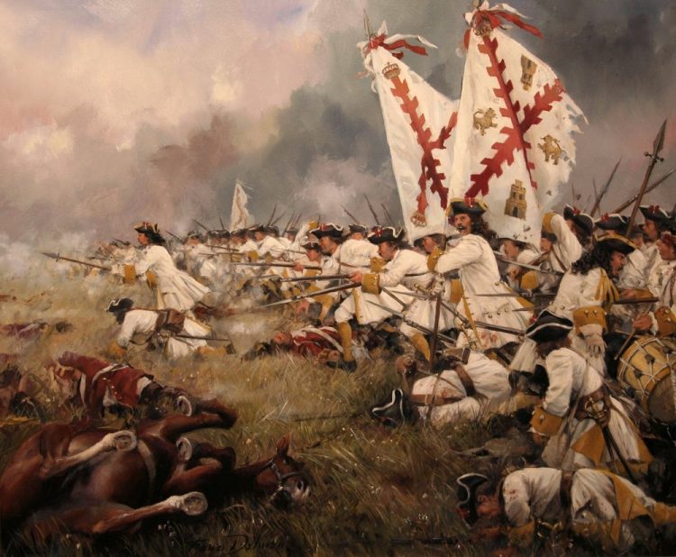 Regimiento Asturias avanzando durante la Guerra de Sucesión Española. Pintura al óleo por Augusto Ferrer-Dalmau.