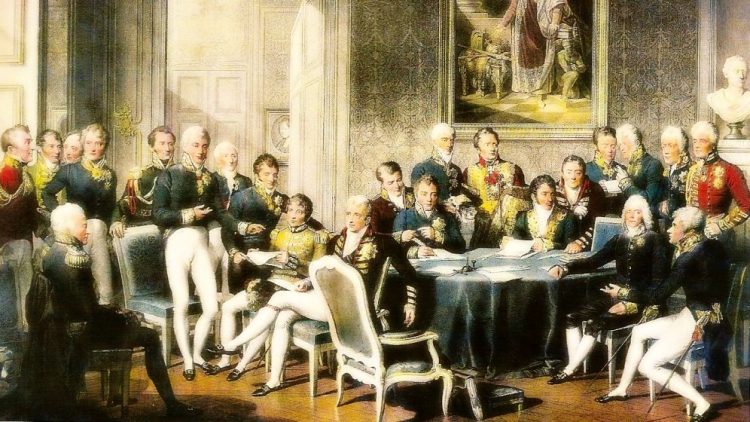 Durante la última etapa de las Guerras Napoleónicas, se reunen en Viena las potencias europeas para restablecer las trastornadas fronteras europeas a como se encontraban antes de la revolución francesa unos 20 años previos, con el objetico de  asegurar un equilibrio de poder. Las potencias victoriosas obtuvieron además importantes ganancias territoriales.